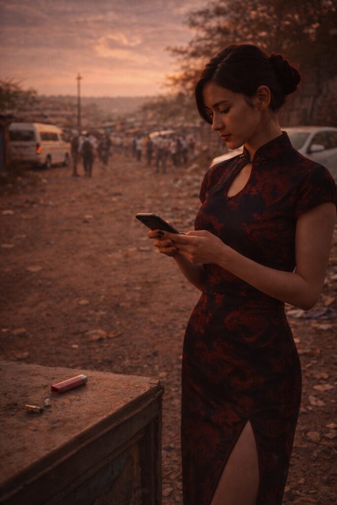 The Second Mind: A woman sits alone in a township holding her phone, hesitating while distractions surround her, symbolising delayed action and internal resistance

