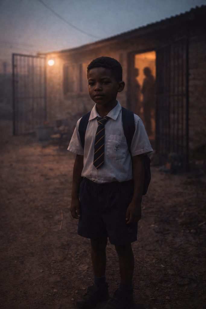  As a young child standing outside a township home at dawn showing early emotional conditioning and silent responsibility