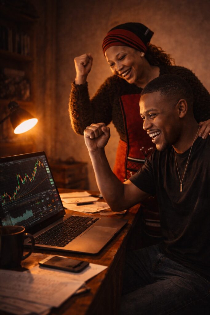 The First Builder In My Life – South African mother watching her son work on trading charts with pride