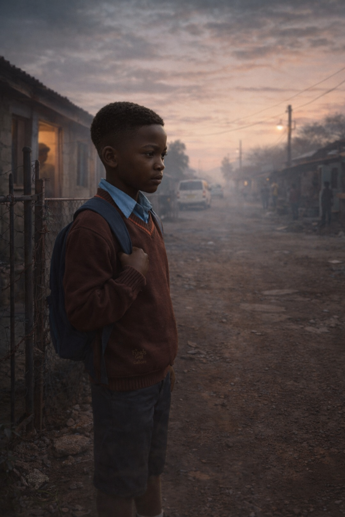 The Child Who Learned to Disappear as a young child standing outside a township home in early morning carrying silent responsibility