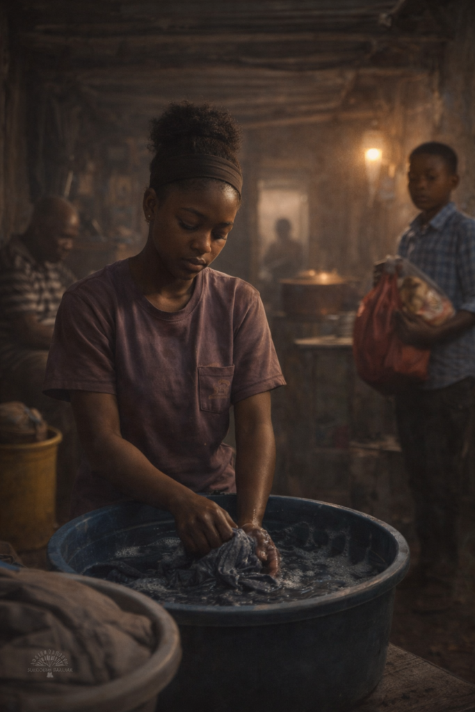 The Child Who Learned to Disappear helping at home with chores in a township environment where love becomes pressure