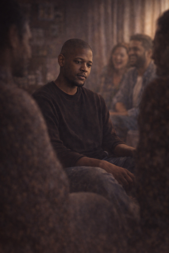 What My Dog Taught Me about performance and social identity in a social setting where a man appears disconnected while others engage around him

