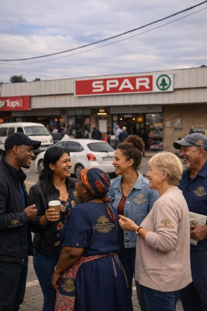 Growing up in Orkney – diverse locals sharing conversation outside SPAR supermarket, capturing the unity and everyday wisdom of a small South African town.