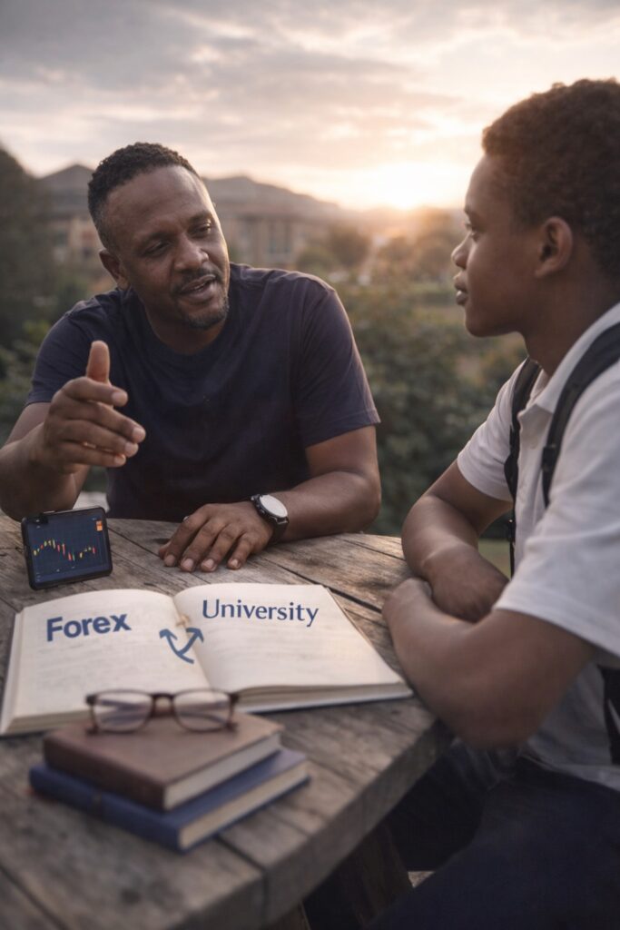 Bra Tlhokez mentoring a young man about choosing between university and forex trading.