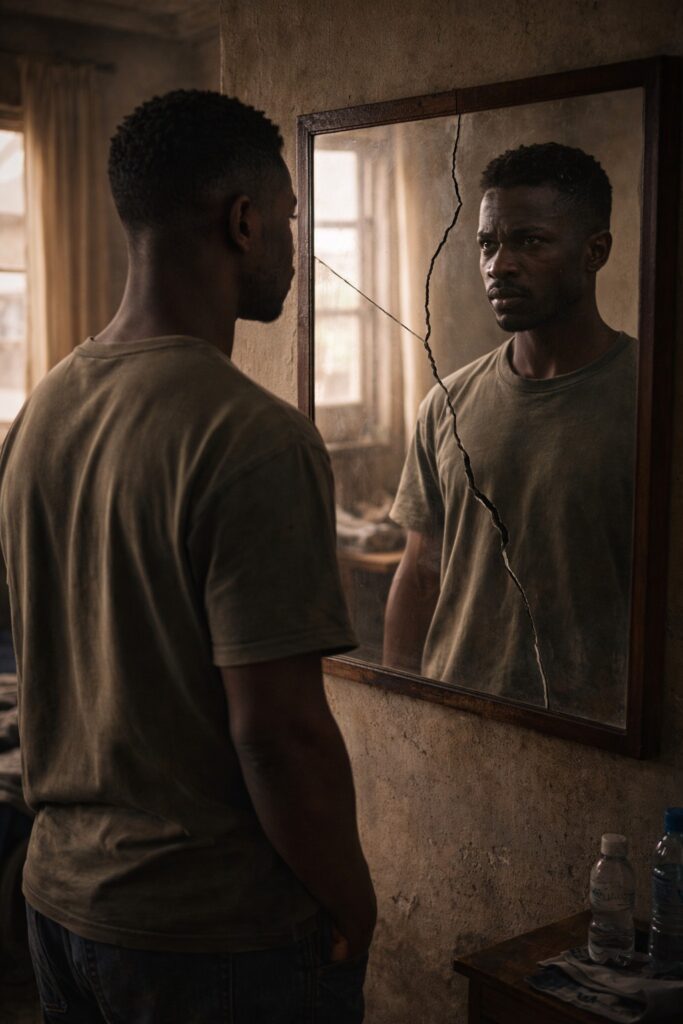 a South African man looking at his reflection in a cracked mirror inside a township home, showing inner conflict and awareness