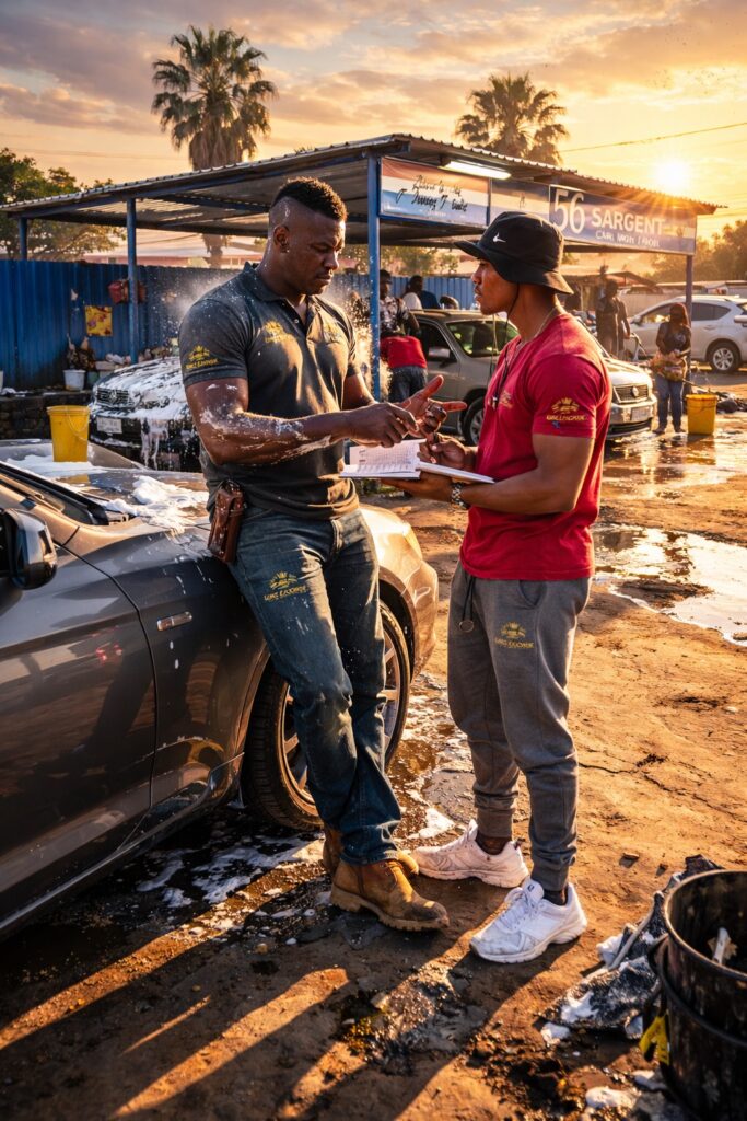 Growing Up in Orkney – a mentor figure known as Sargent sharing business wisdom at his car wash, showing how elders shape discipline and thinking in small-town South Africa.