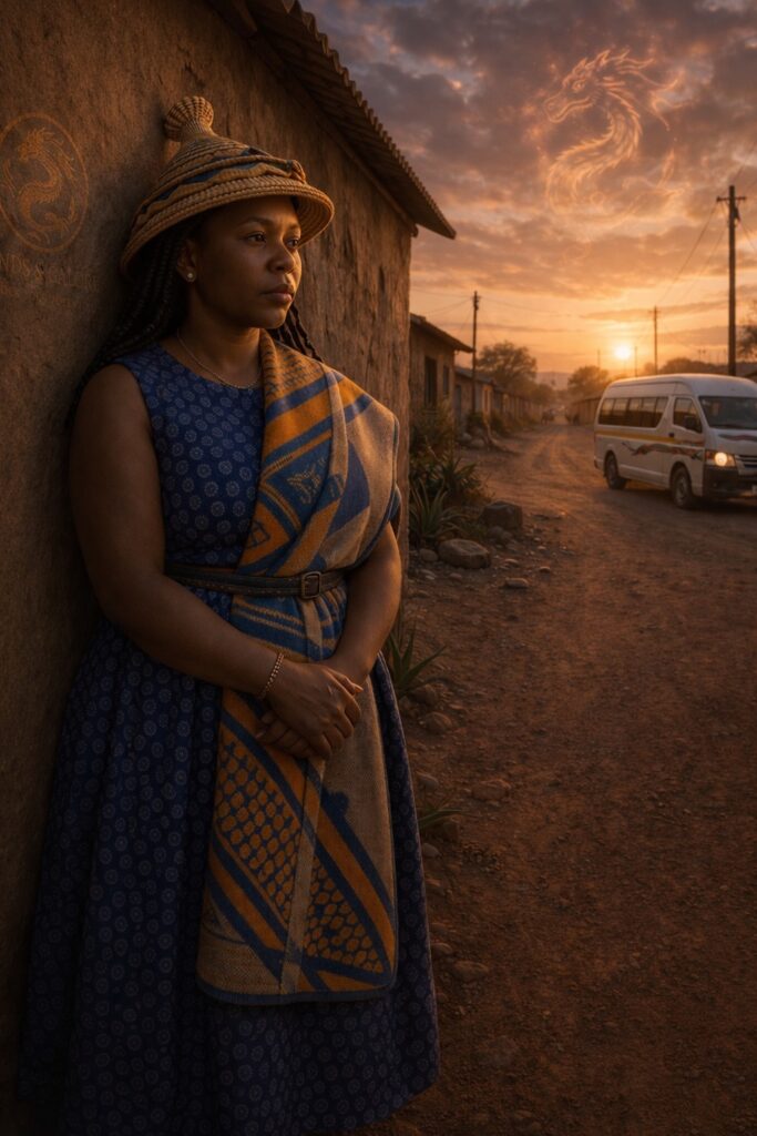 Sotho mother standing quietly against a township wall at sunset while a taxi passes in the background, representing early emotional conditioning in South Africa