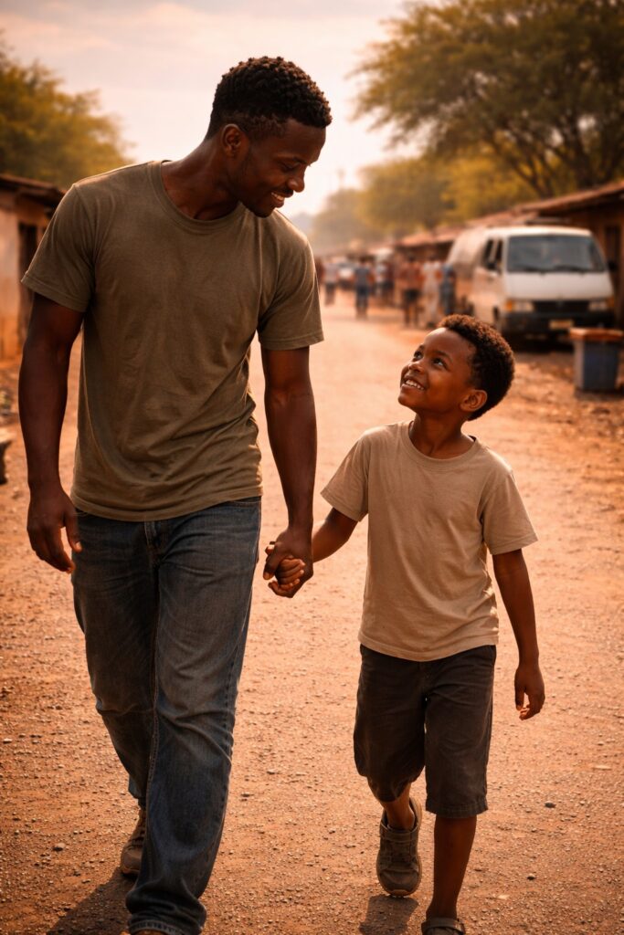 a South African father walking with a child in a township street showing guidance, presence and connection