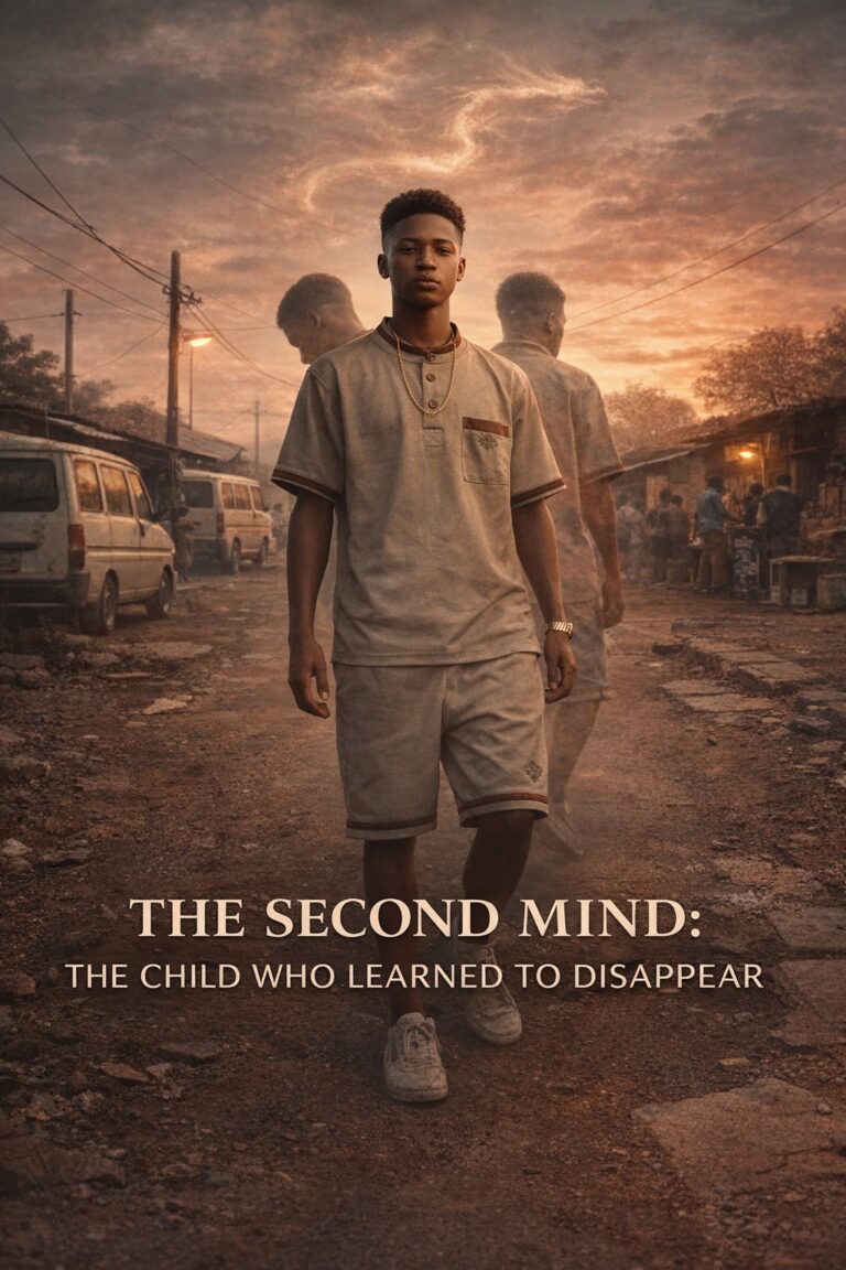 The Child Who Learned to Disappear shown as a young man standing in a Klerksdorp township with split identity symbolism and inner awareness