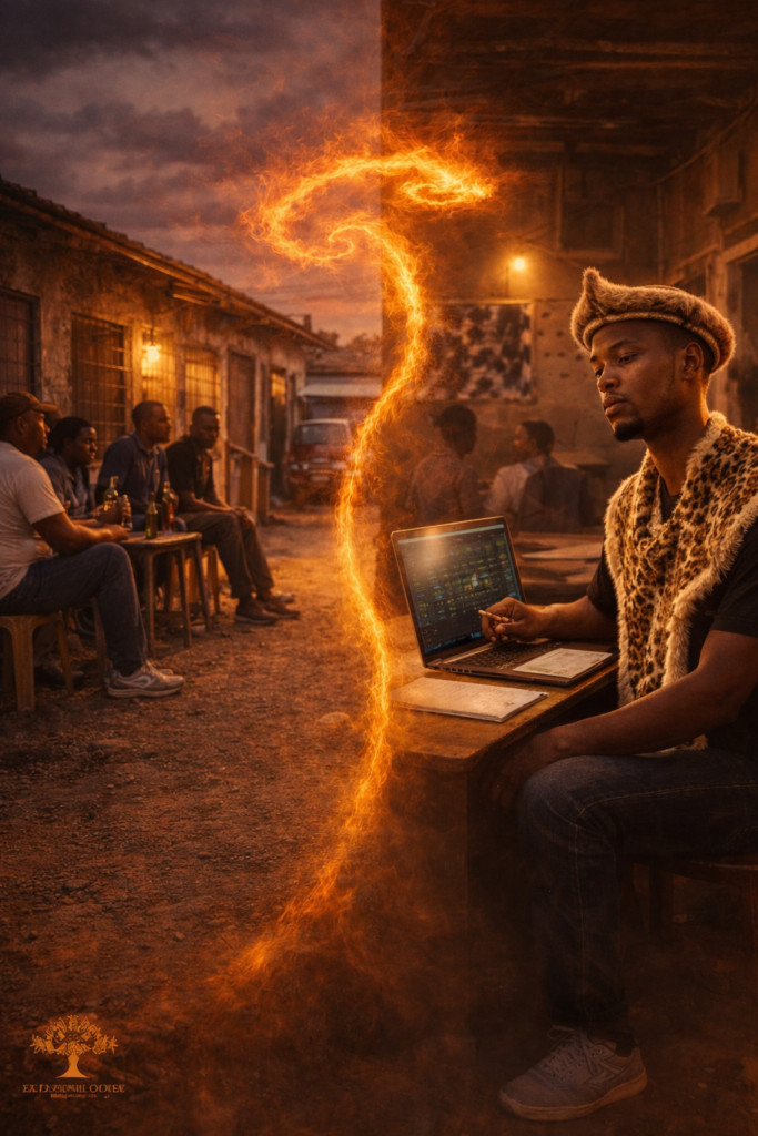 We Don’t Have a Money Problem:
South African township trader journey showing a confident man walking through a township street guided by Inner Dragon energy and purpose