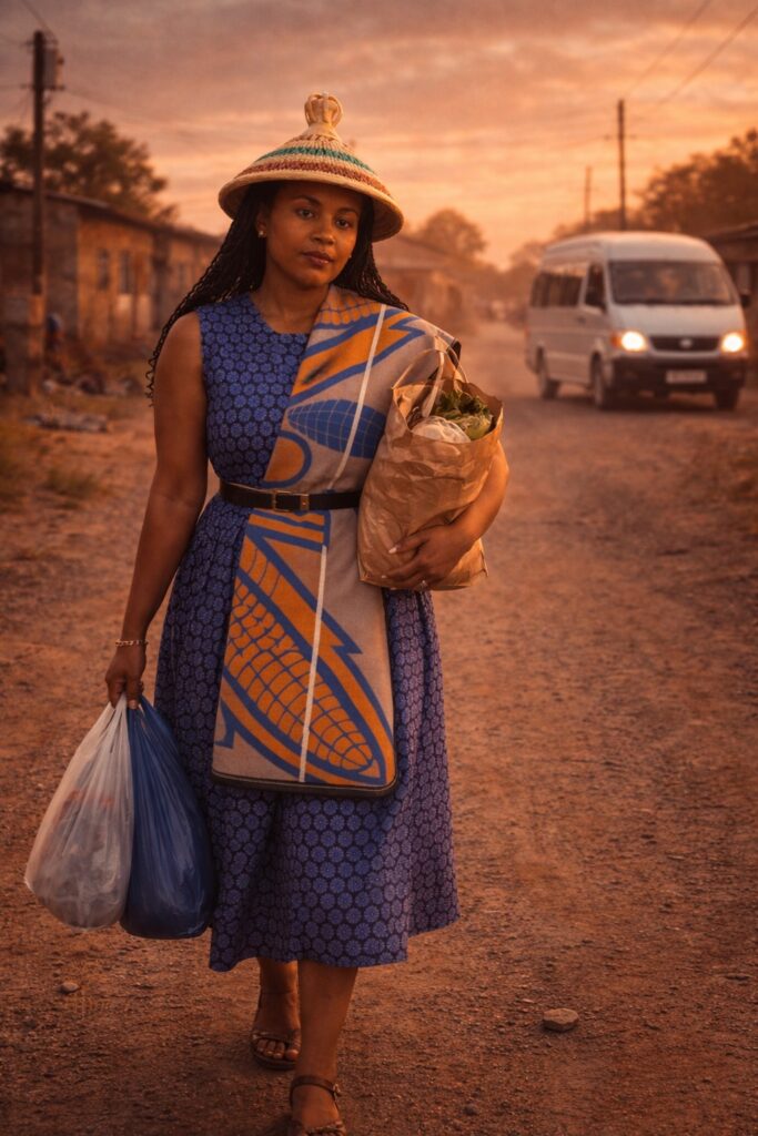 how your mother shaped you through inherited burden shown by a Sotho woman walking in a township street with a taxi nearby

