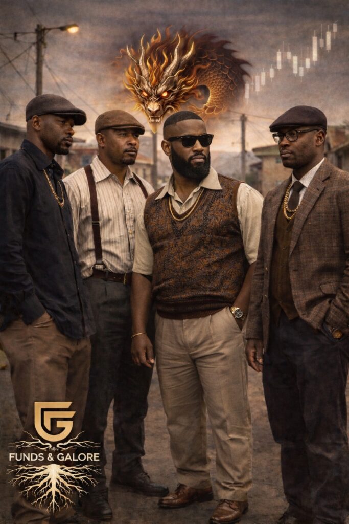 The Street Generals Discipline in Unexpected Places — four respected South African township men in 1990s attire standing together under the Funds & Galore inner dragon symbol.