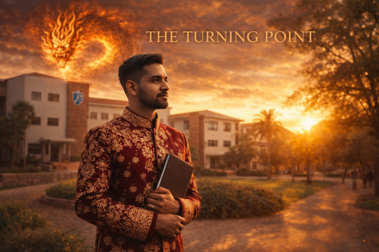 The Turning Point university decision Indian student standing outside campus reflecting on education and independence.