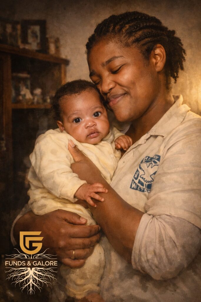 Nella The Sister the World Didn’t See holding her firstborn daughter Zanele, symbolising unseen strength and motherhood in the Funds & Galore story.