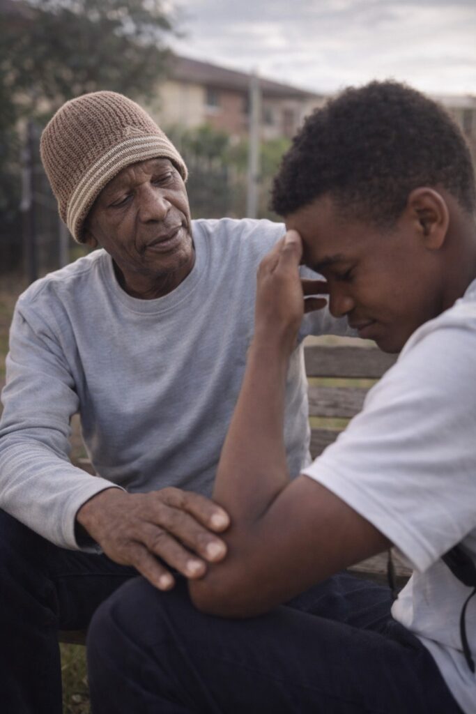 Malome Dongo mentoring a young man through calm guidance and reflection.