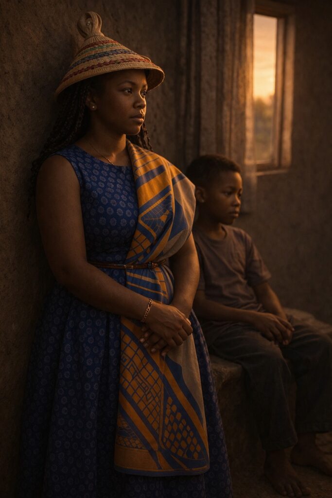 Sotho mother and child sitting in a dim township home with warm light, showing emotional distance and unspoken feelings shaped in early life