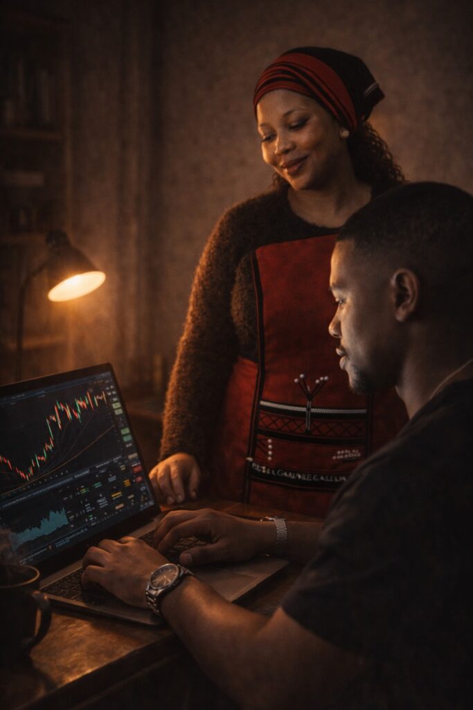 The First Builder In My Life – South African man studying trading charts late at night building financial independence