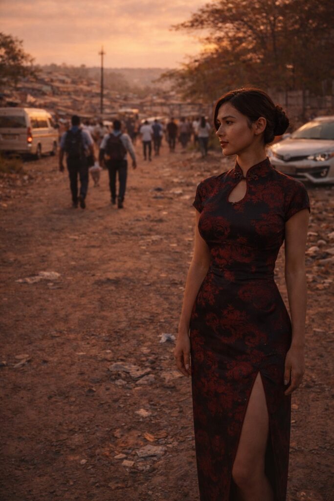 The Second Mind: A woman stands still in a busy township street while blurred people move toward taxis, representing unnoticed internal tension in daily routines

