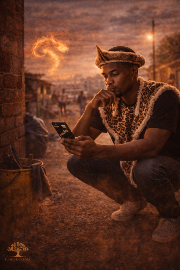 South African township trader journey capturing a trader studying charts on a phone in a township environment with grounded discipline
