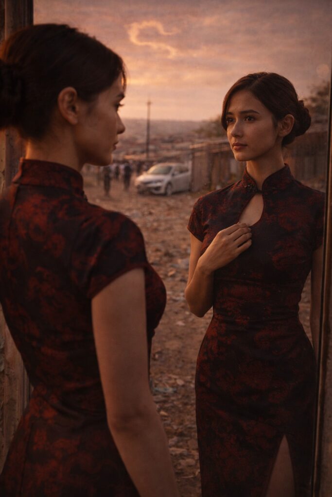 A woman looks into a mirror in a township setting, noticing a subtle difference in her reflection, representing inherited beliefs and identity confusion

