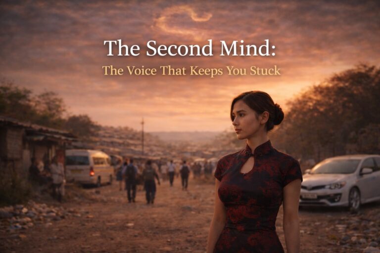 The Second Mind: A South African Chinese woman in a red qipao stands still in a township at sunset, surrounded by taxis and people moving, symbolising quiet awareness and internal reflection