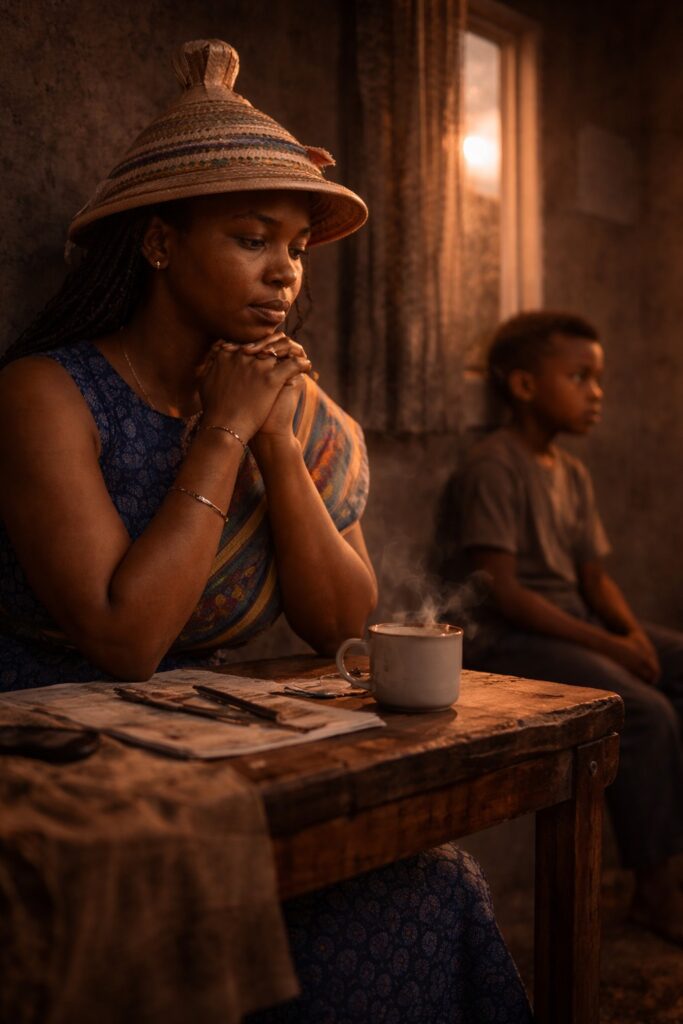 Sotho mother sitting at a wooden table in a township home at sunset with a child in the background, symbolising reflection and ongoing emotional growth