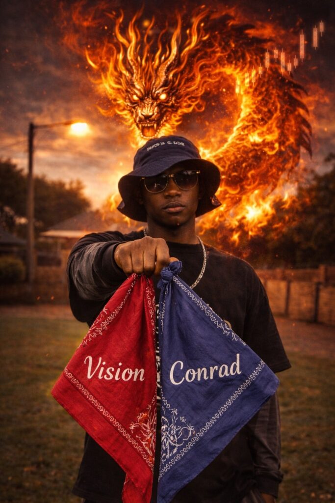 Young South African man holding two tied bandannas labelled “Vision” and “Conrad,” symbolising township unity and philosophy, with a fiery orange Inner Dragon burning behind him representing the Funds & Galore mindset.