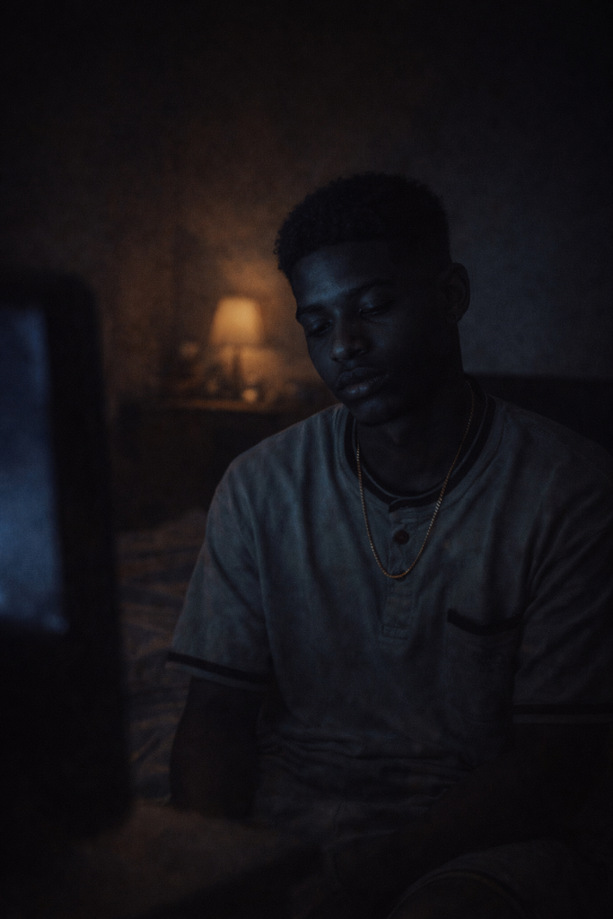 The Child Who Learned to Disappear sitting alone at night using a phone while avoiding internal awareness and emotional tension

