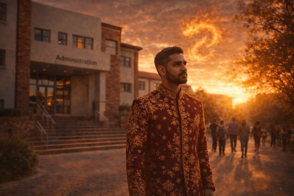  university decision moment showing Indian student walking away from education to follow independence.