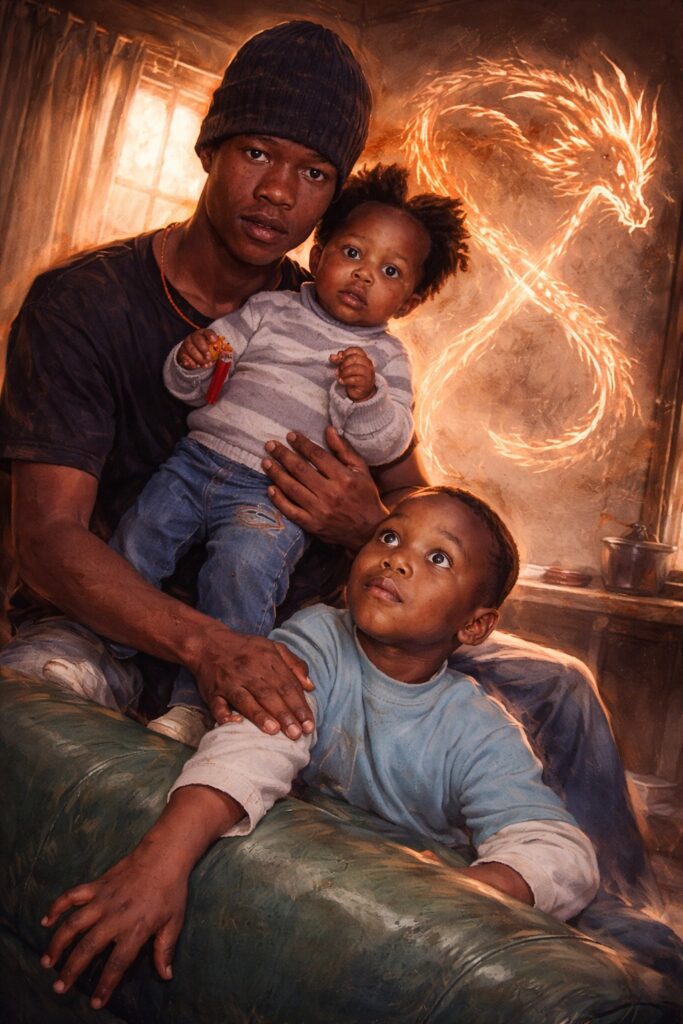 Young Mpumelelo with family in a South African township home, symbolising the early influences that shaped the Township Philosopher, with the glowing Inner Dragon representing the birth of the Funds & Galore philosophy.