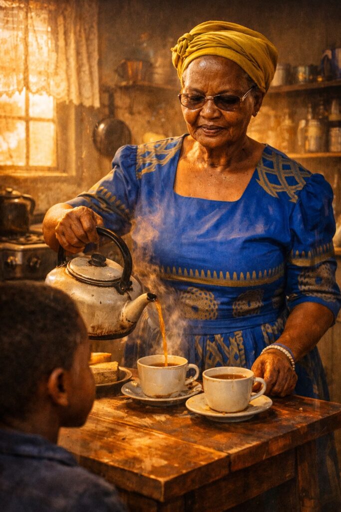 South African grandmother preparing tea in a humble Vaal Reefs home, teaching discipline and life lessons to her grandson.
