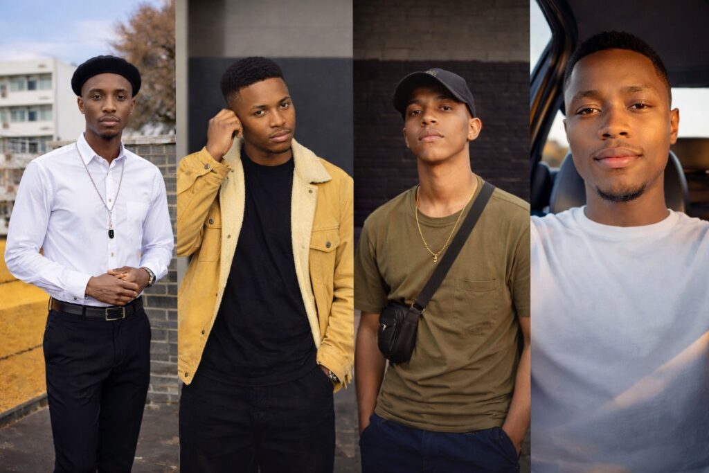 Four young South African men standing in separate urban settings, each portrayed in a confident portrait style that reflects the bond and identity formed through their shared years in public school, symbolising friendship, growth, and the brotherhood that shaped their early worldview.