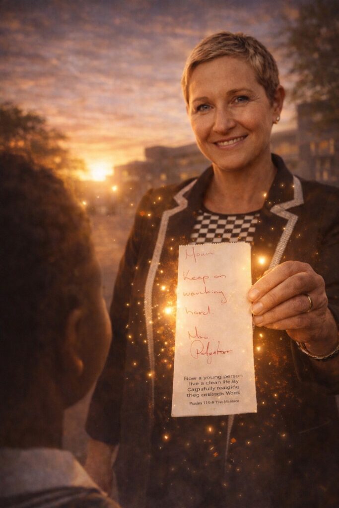 Mrs Potgieter, a South African teacher, handing a handwritten encouragement card to a young student as golden light symbolises guidance and belief in the student’s future.