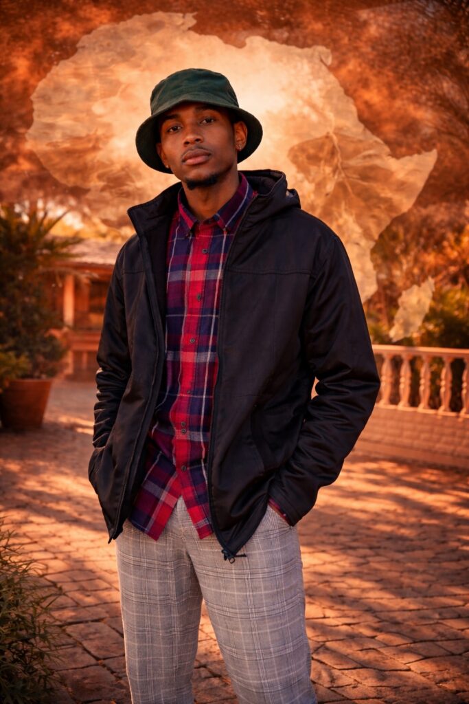 Consciousness: a confident young African man standing outdoors in warm golden light wearing a green bucket hat, black jacket, and plaid shirt, with a glowing African continent subtly blended in the background symbolising African identity, awareness, and intellectual awakening.