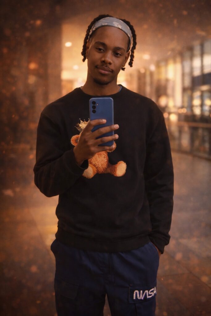 Consciousness: a confident young African man standing outdoors in warm golden light wearing a green bucket hat, black jacket, and plaid shirt, with a glowing African continent subtly blended in the background symbolising African identity, awareness, and intellectual awakening.