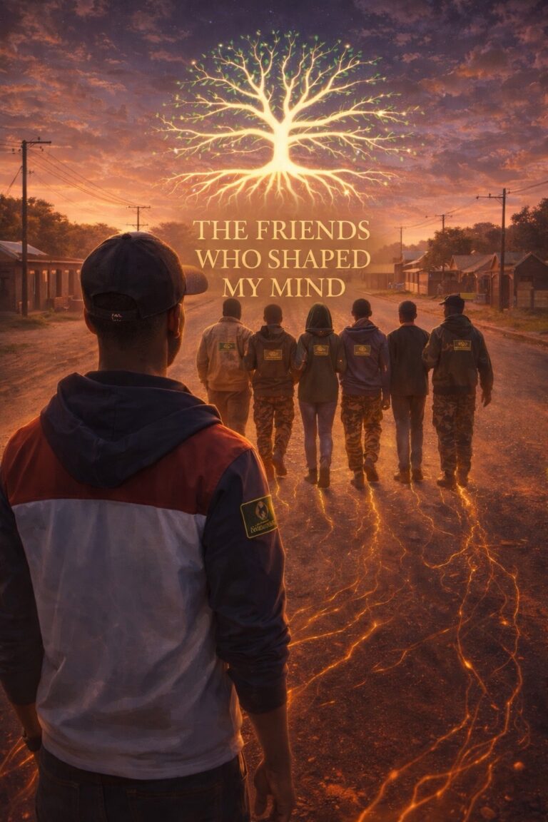 The Friends Who Shaped My Mind — cinematic township scene showing a man watching his friend circle walking ahead under a glowing tree symbolising shared influence, brotherhood, and the roots of the Funds & Galore philosophy