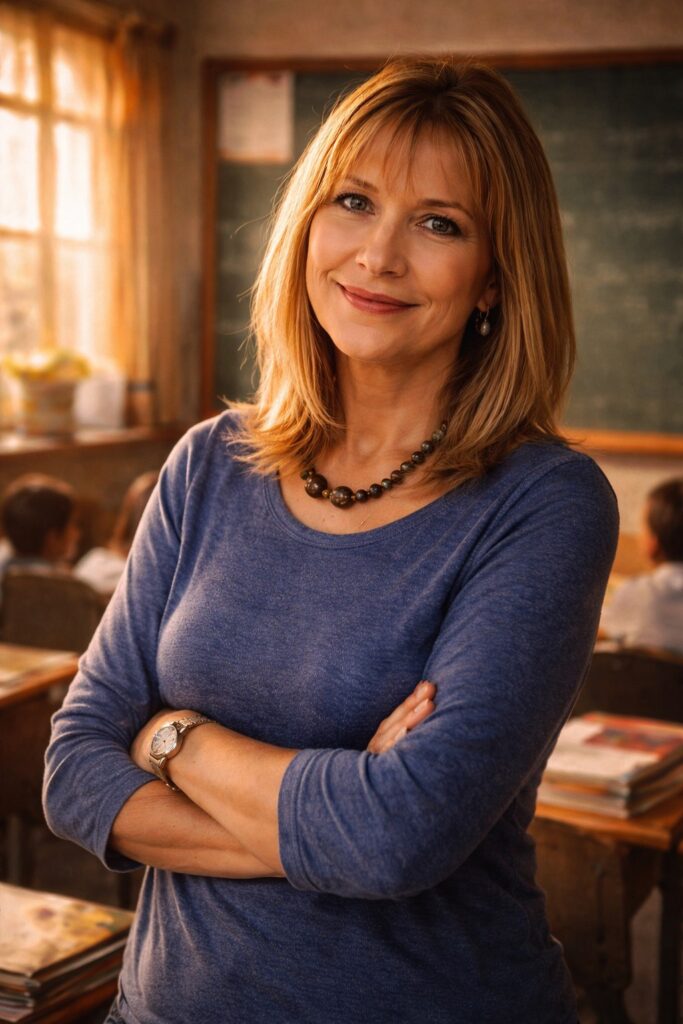 Mrs Saayman, a South African teacher standing in a classroom, known for encouraging students to believe in their voice and step onto their first stage of confidence.