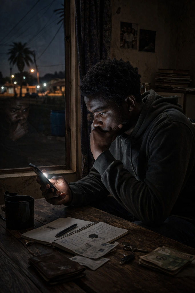 What your bank doesn't teach you: man relfecting on personal financial habits late at night