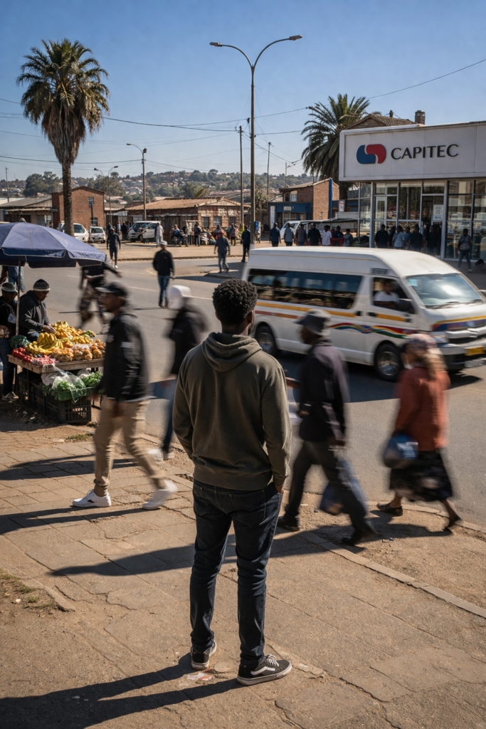 What your bank doesn't teach you: man observing everyday financial behaviour patterns in a township street