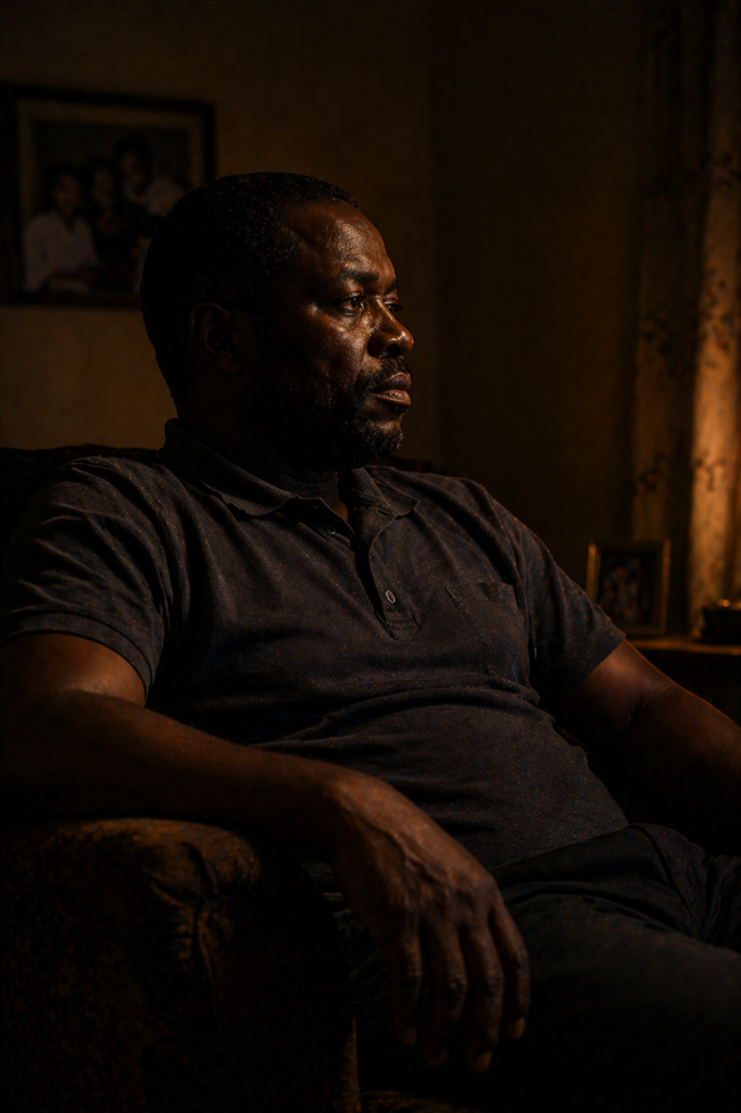 father sitting in silence in a living room, present but emotionally distant in a structured household