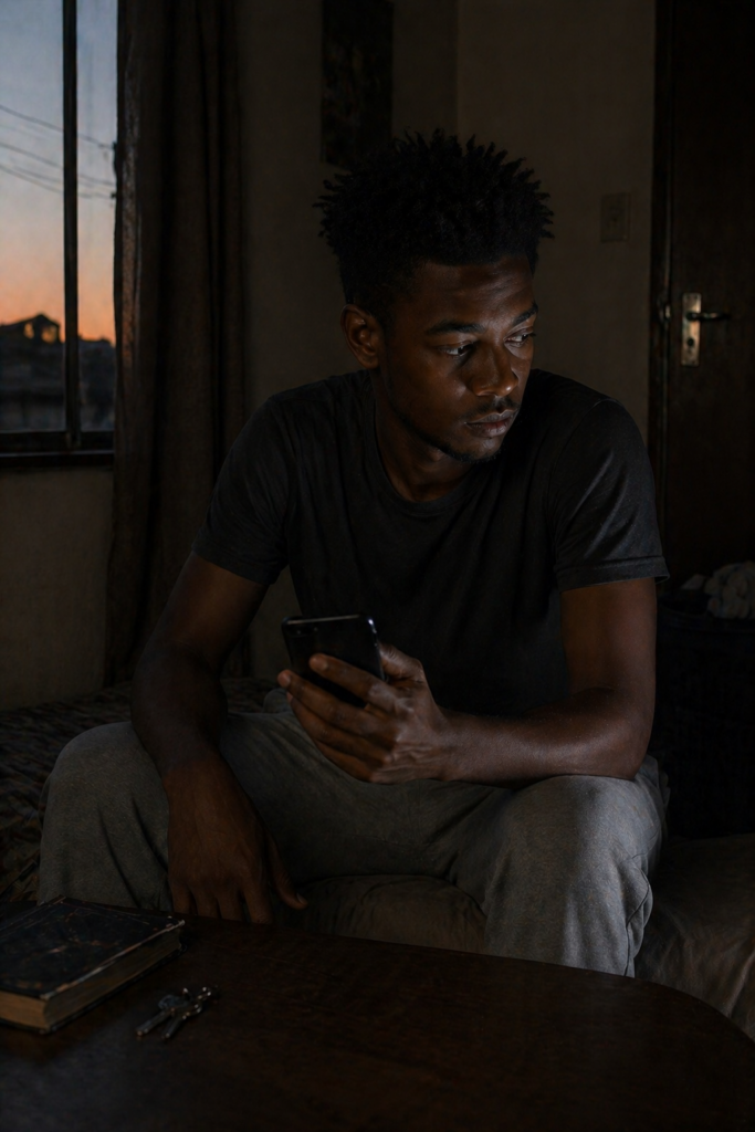 The Voice That Was Never Yours showing a man pausing while holding his phone as an internal voice interrupts his action