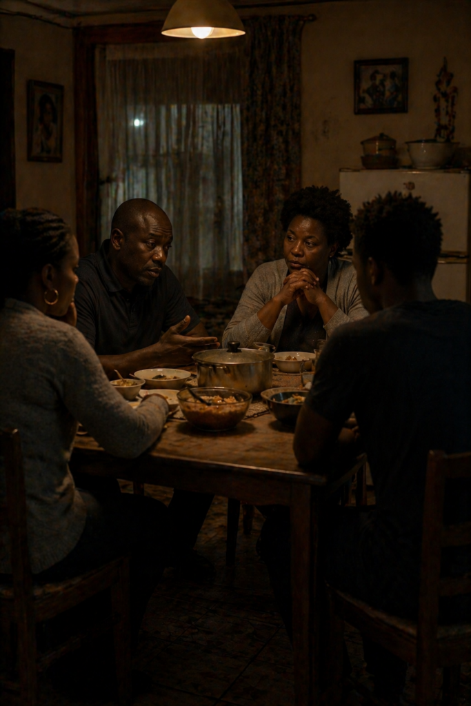 The Voice That Was Never Yours showing a family sitting together at dinner in silence as influence is absorbed quietly