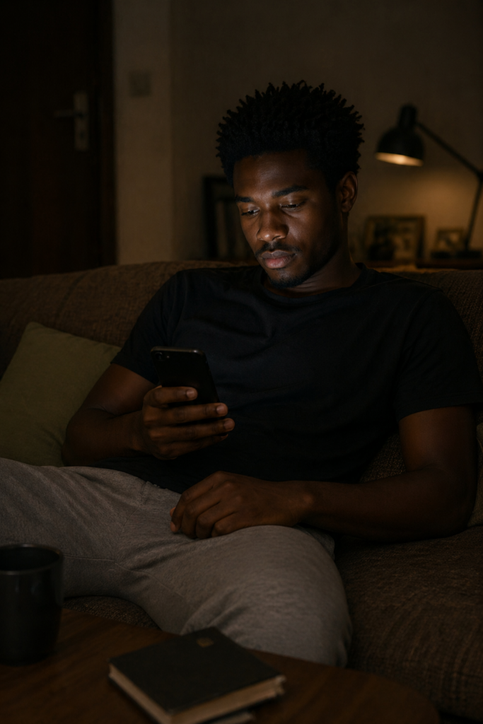 The Voice That Was Never Yours showing a man scrolling on his phone without emotion as behaviour becomes automatic