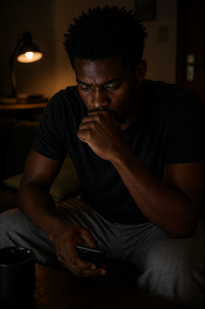 Showing a man becoming aware of a thought that feels different from his usual patterns