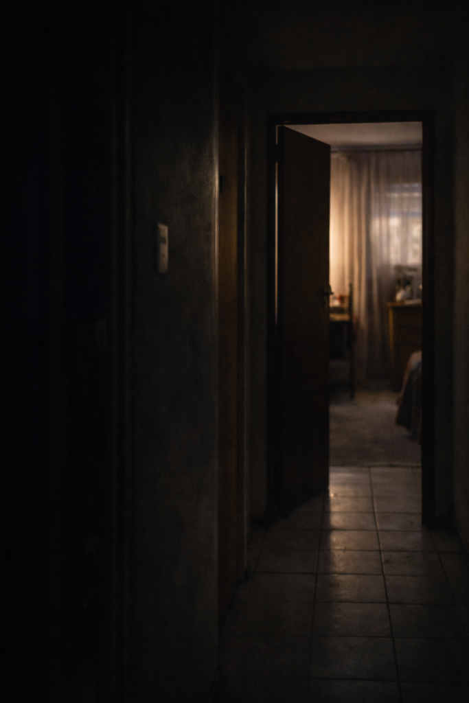 What we learned to ignore... shows Dimly lit hallway inside a home with a slightly open door creating tension and uncertainty
