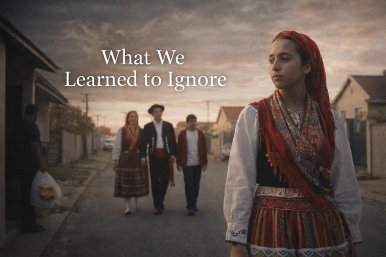 What We Learned to Ignore- Portuguese girl in traditional clothing standing in a Klerksdorp suburb street with quiet tension