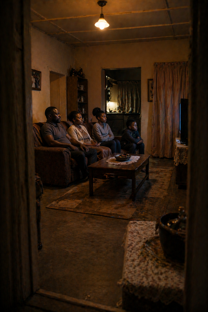 family watching TV together in a calm home environment at night with subtle emotional distance