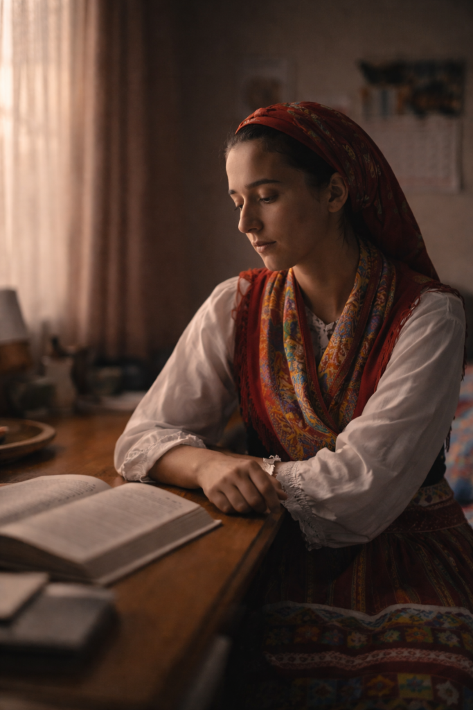 Young Portuguese woman sitting alone in a quiet room reflecting in silence