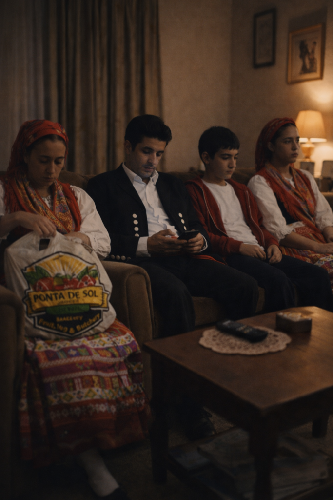 Family sitting together inside a modest home with subtle emotional distance and silence