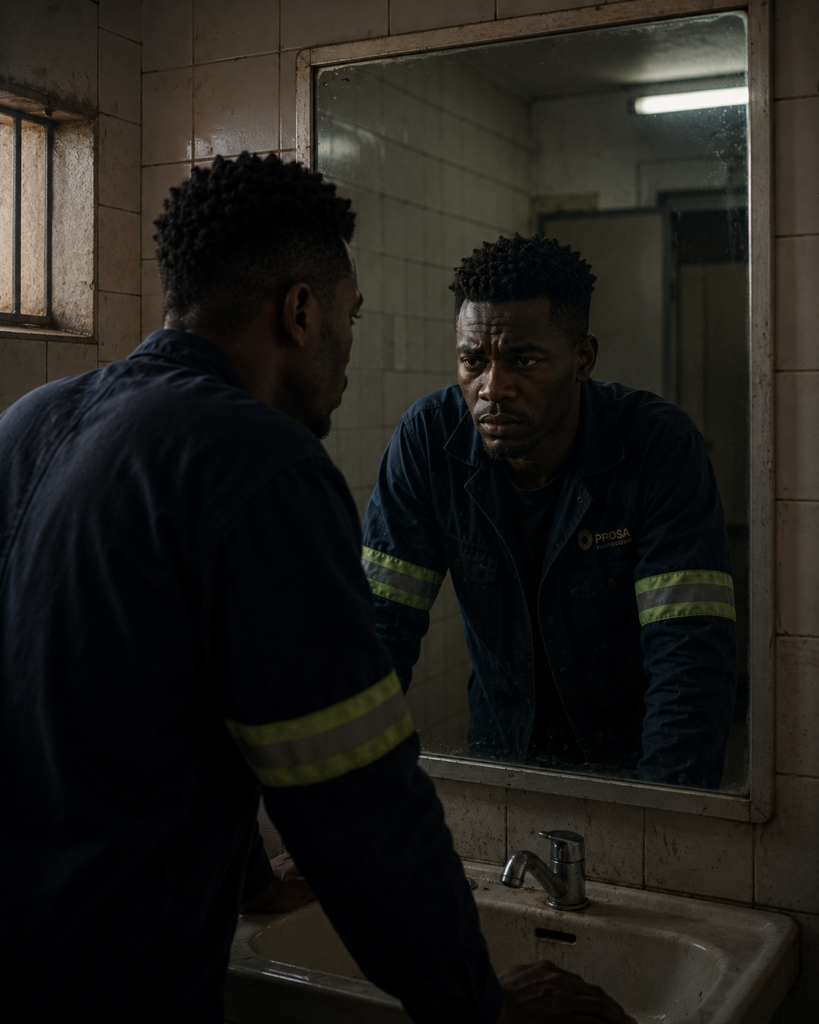 South African worker staring at his reflection during a quiet psychological breaking point